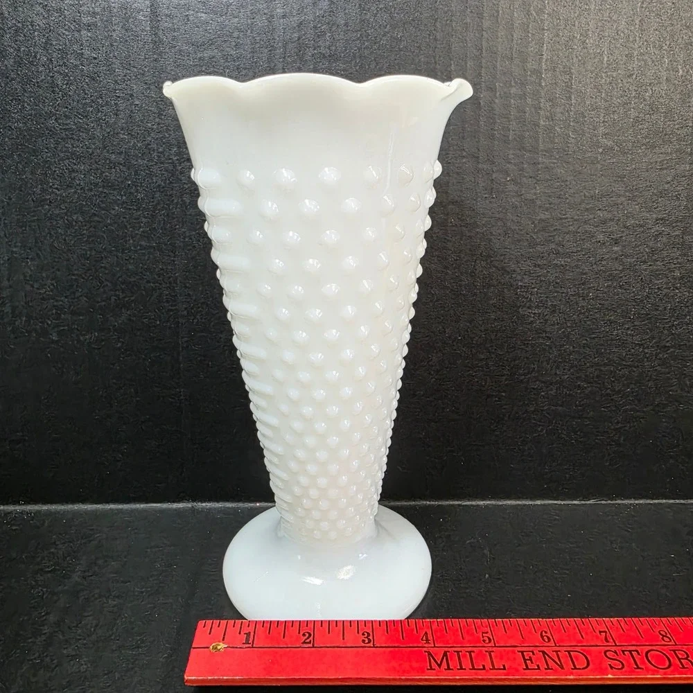Hobnail Milk Glass Vase Scalloped Trumpet 9 Inch White Vintage Pedestal